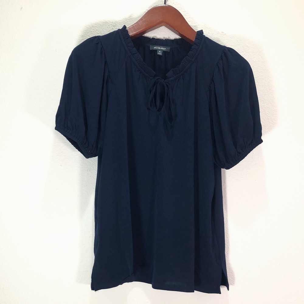 Jacob‎ Kelly Navy Blue Ruffle Neck Tie Front Puff Sleeve Blouse XL Romantic Boho